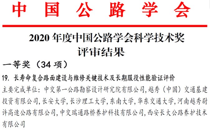 長壽命複合路面關鍵技術研究專案榮獲中國公路學會科學技術一等獎